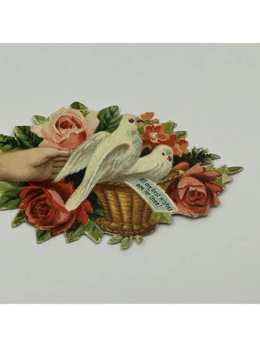Antique Victorian Hidden Name Calling Card Die-Cut Roses Doves Hand 1890s F2